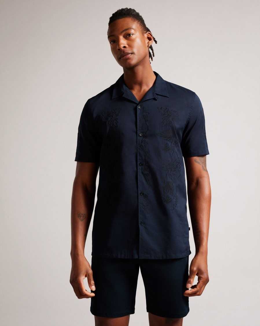 Ted Baker Ranney Short Sleeve Cotton Shirt With Floral Embroidery Navy | 6579342-FH