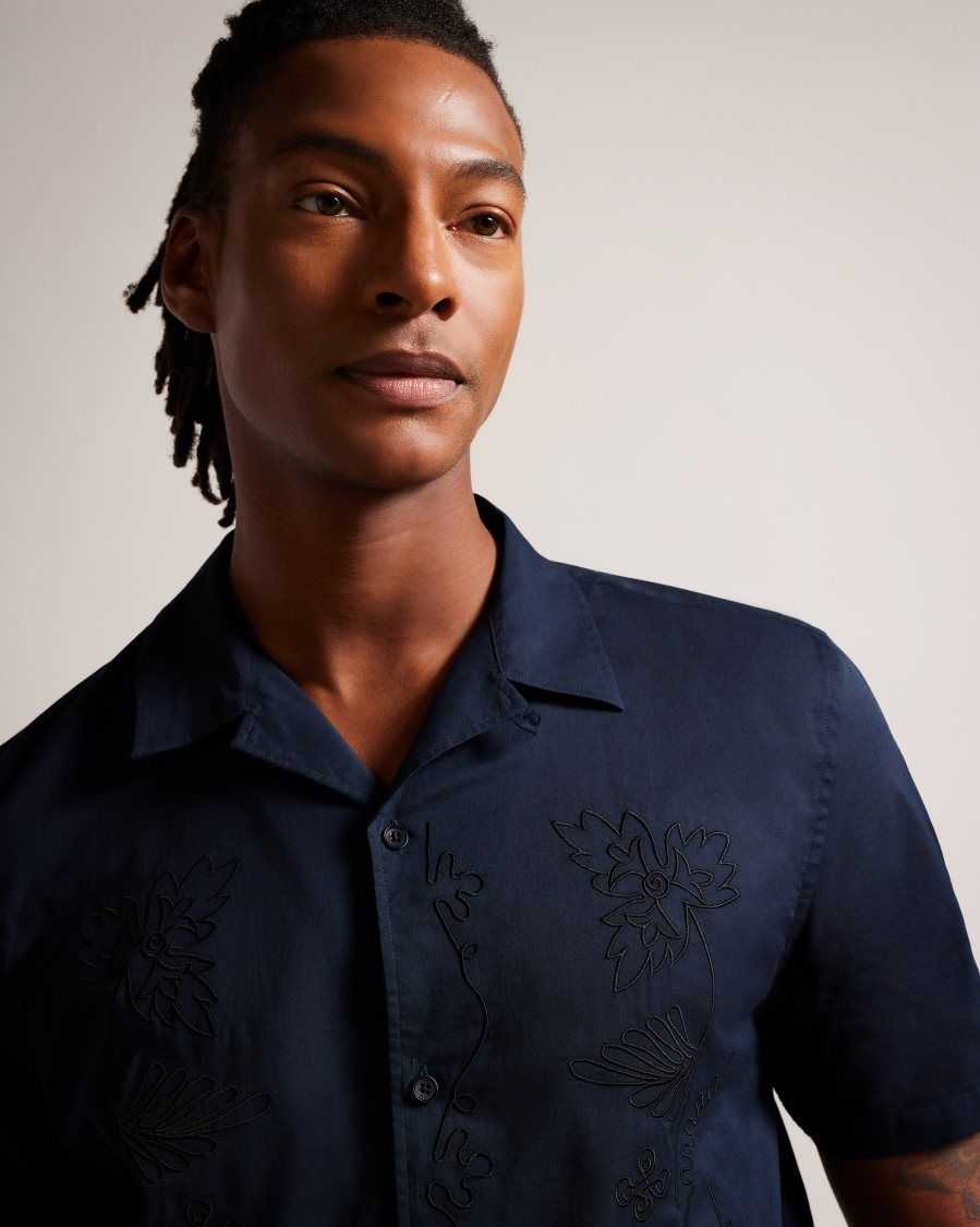 Ted Baker Ranney Short Sleeve Cotton Shirt With Floral Embroidery Navy | 6579342-FH