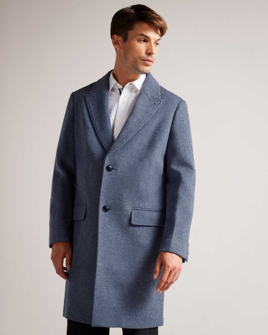 Ted Baker Raydon Pure Wool Single Breasted Overcoat Medium Blue | 4086952-OE