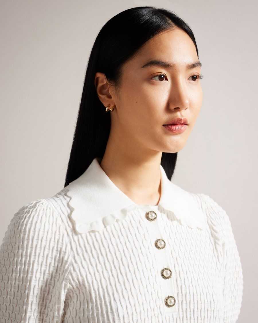 Ted Baker Reannia Polo Knit Top With Embellished Buttons White | 3719524-AQ