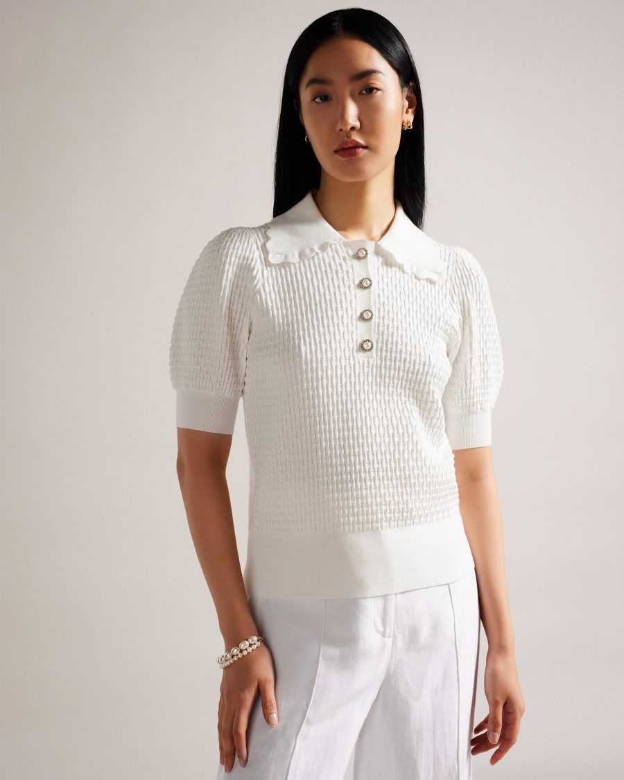 Ted Baker Reannia Polo Knit Top With Embellished Buttons White | 3719524-AQ