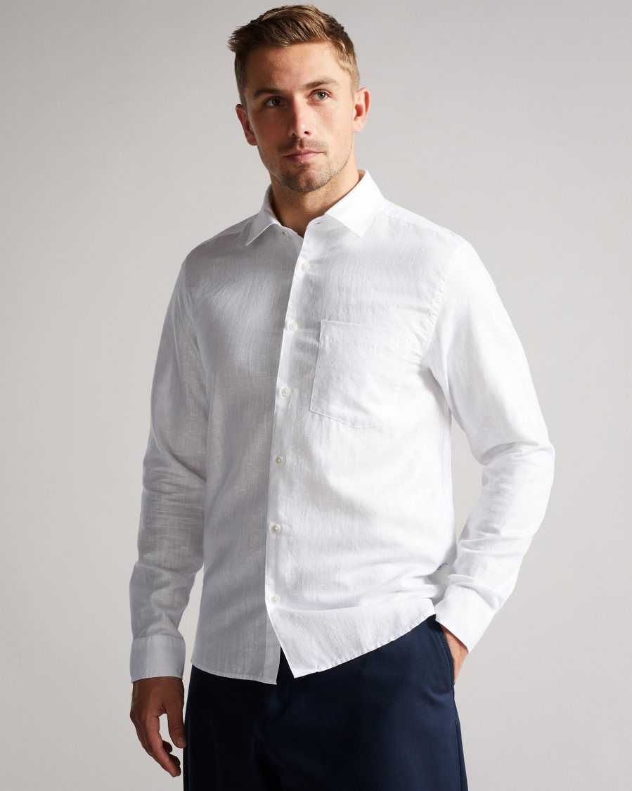 Ted Baker Remark Long Sleeve Linen Shirt White | 8650792-CV