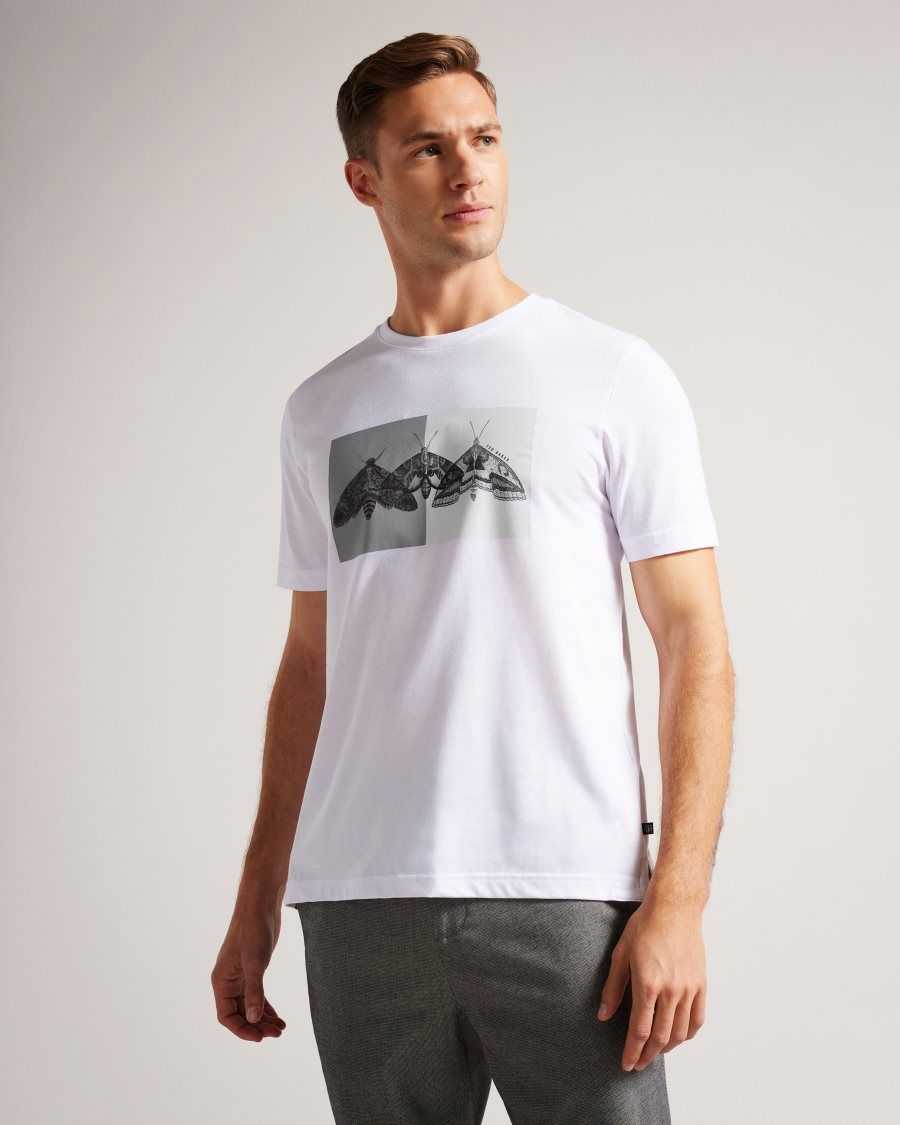 Ted Baker Rewild Short Sleeve Regular Fit Moth Print T-Shirt White | 5728416-QD