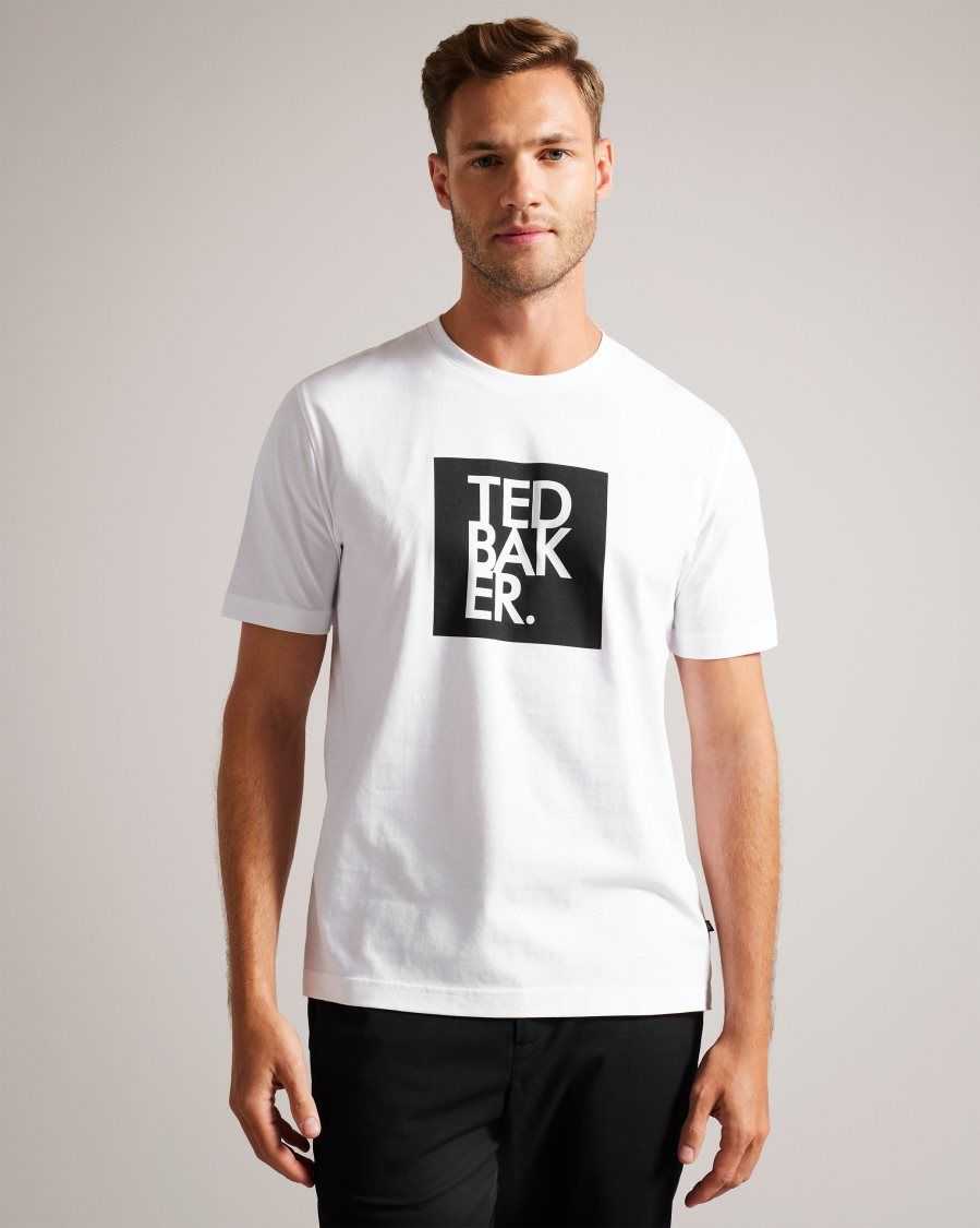 Ted Baker Rofata Short Sleeve Square Logo Graphic T-Shirt White | 5408679-AR