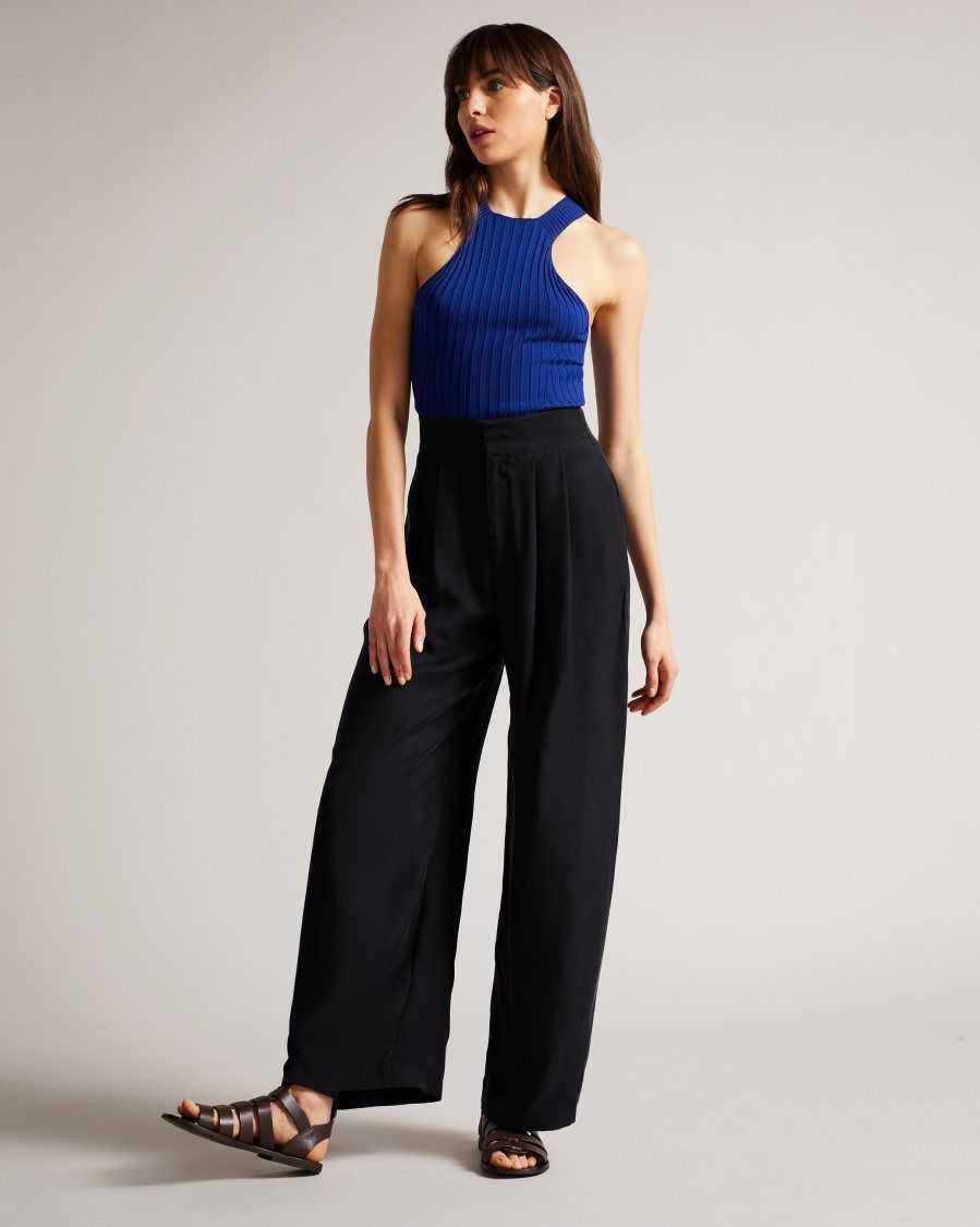 Ted Baker Ronia Pleated Wide Flood Length Trousers Navy | 5807364-BC