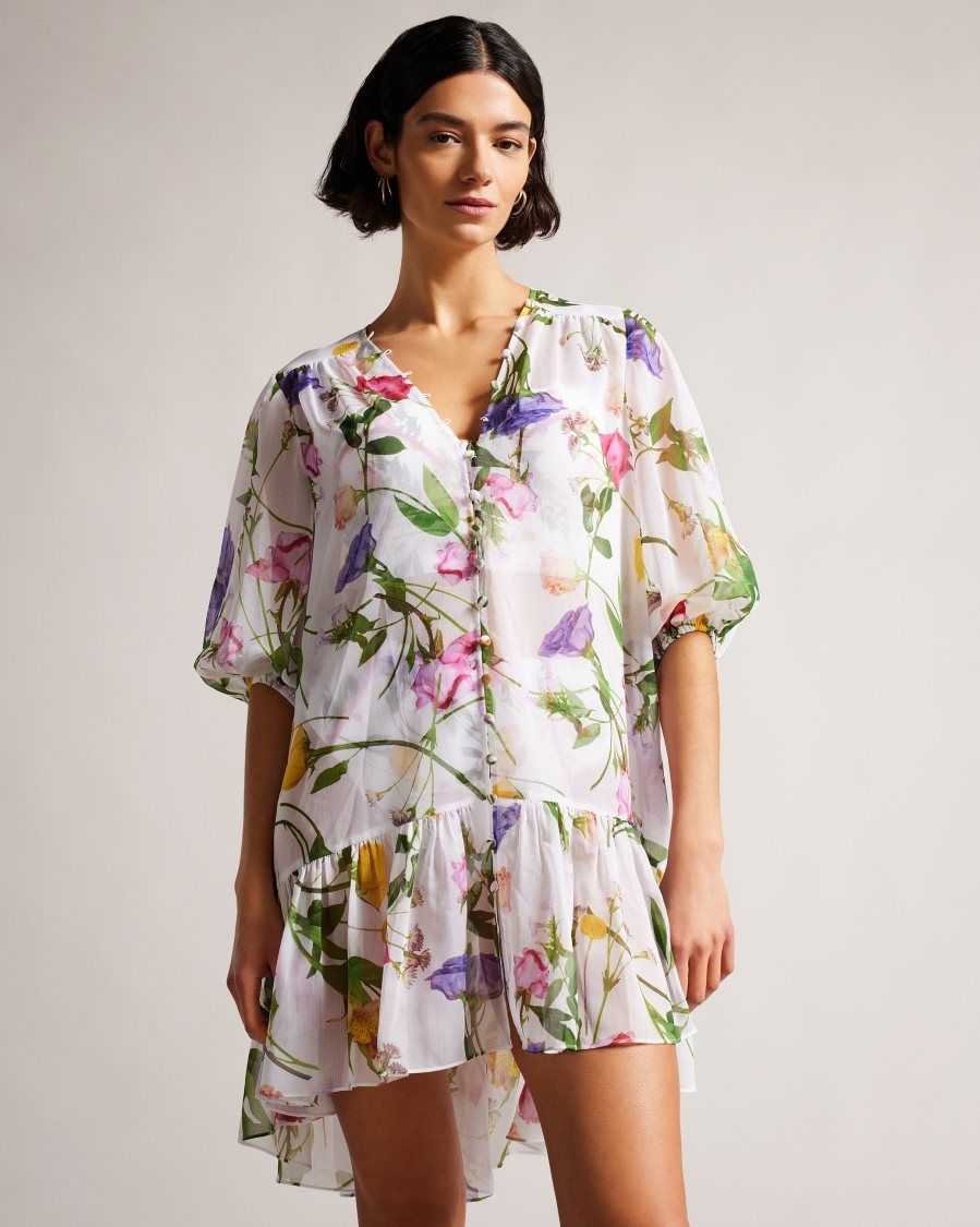 Ted Baker Rosmryy Floral Cover Up With Dropped Waist White | 7891042-LJ