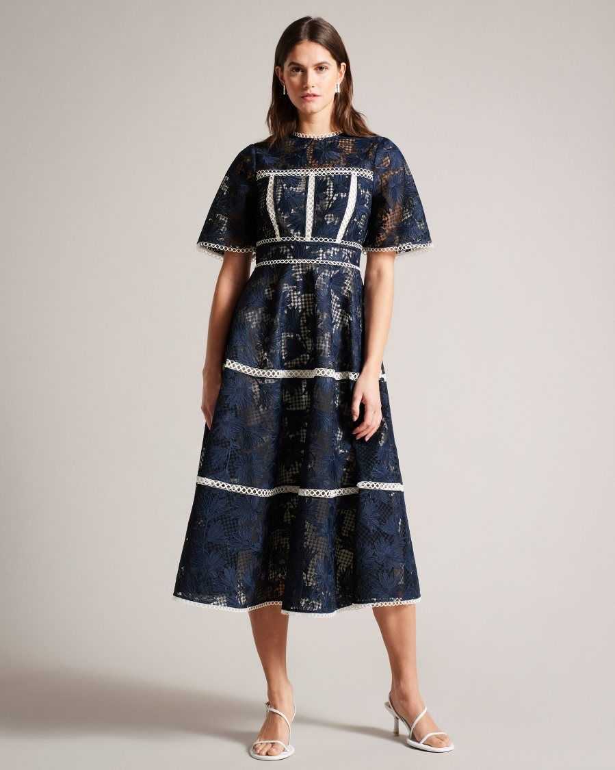 Ted Baker Rubiely Midi Fit And Flare Lace Dress Dark Blue | 2506784-BV