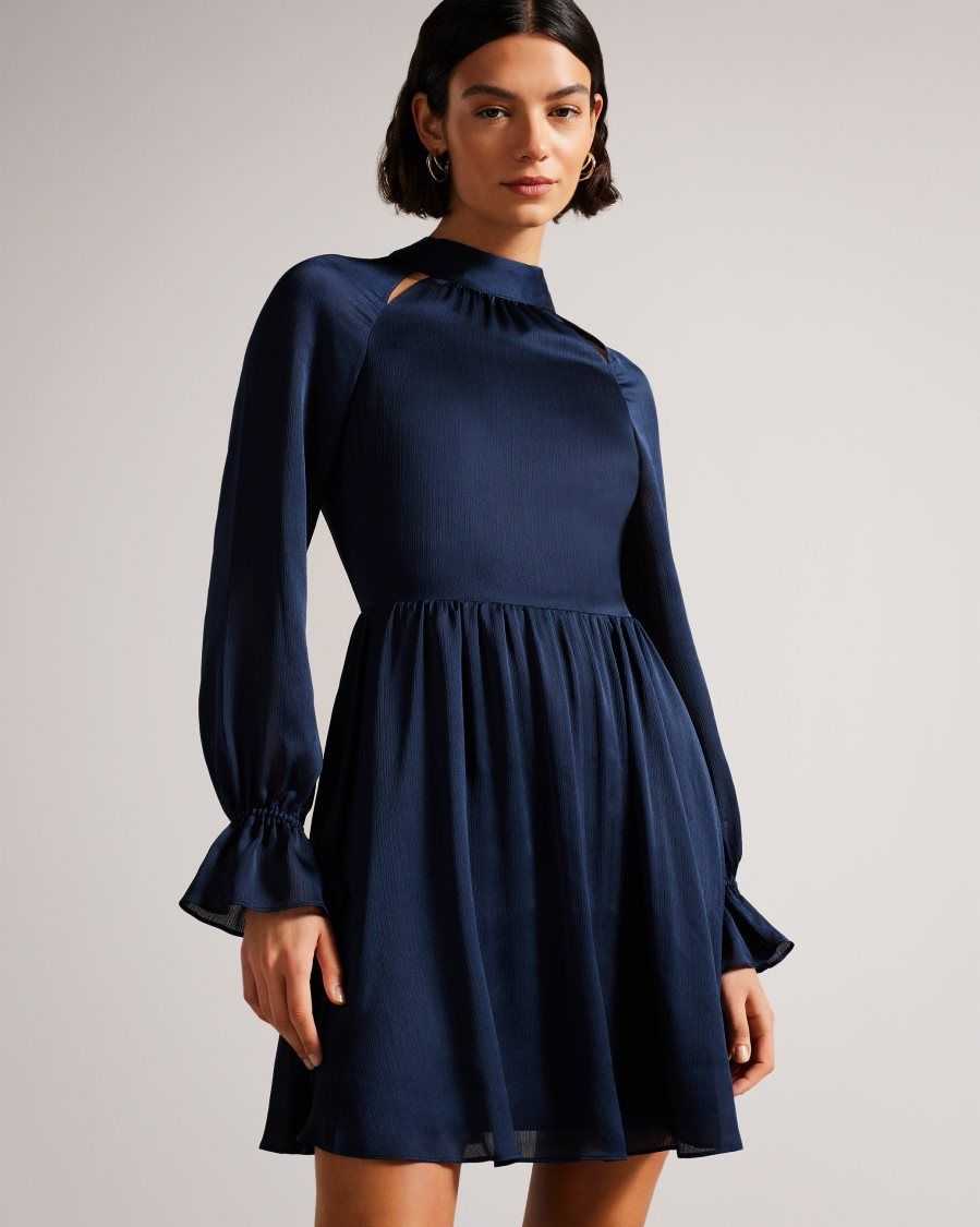 Ted Baker Ryaa High Neck Fit And Flare Mini Dress Dark Blue | 3569720-RK