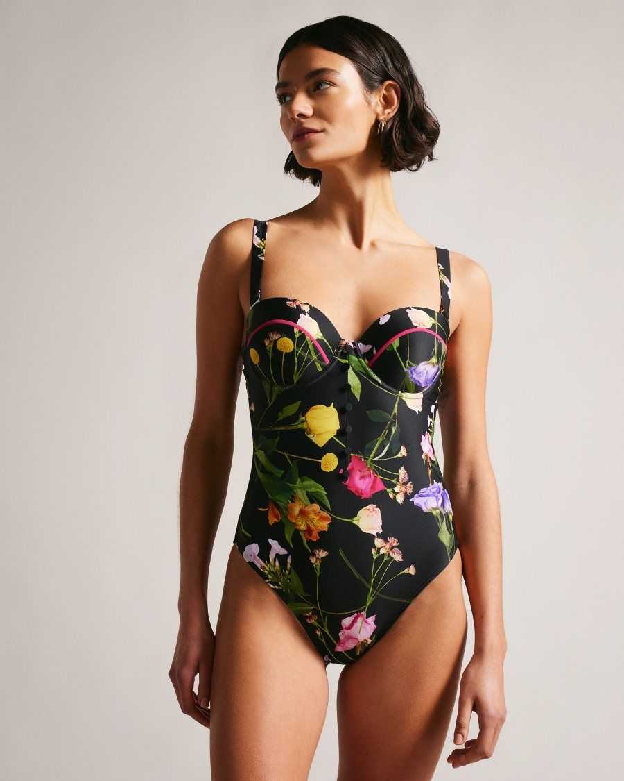 Ted Baker Saffiey Floral Balconette Swimming Costume Black | 4813596-DB