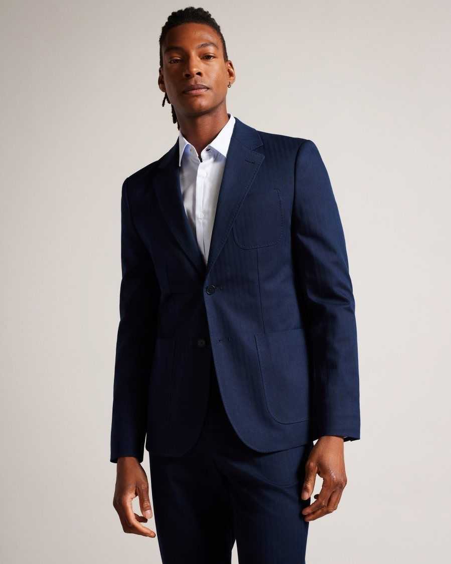 Ted Baker Shakerj Cotton And Linen Striped Suit Jacket Navy | 1375289-SE