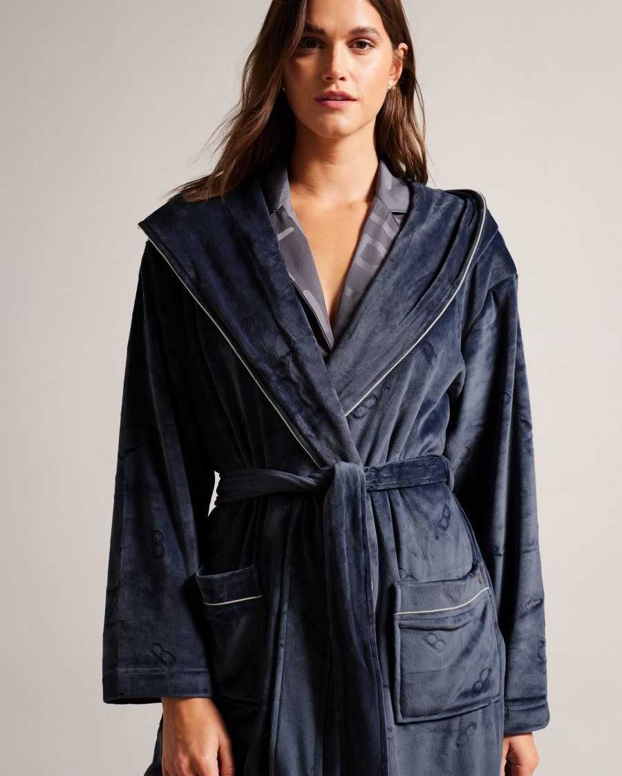 Ted Baker Slepsal Long Plush Hooded Dressing Gown Navy | 6184290-KQ