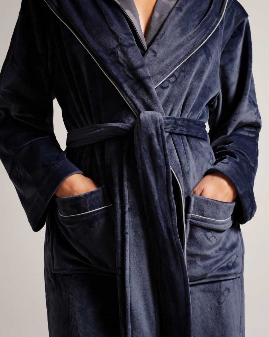 Ted Baker Slepsal Long Plush Hooded Dressing Gown Navy | 6184290-KQ