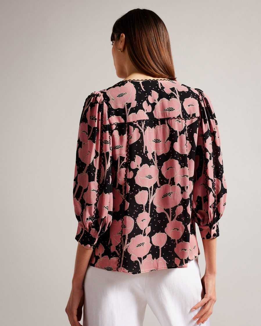 Ted Baker Stephii V Neck Poppy Print Blouse Black | 1376452-VW