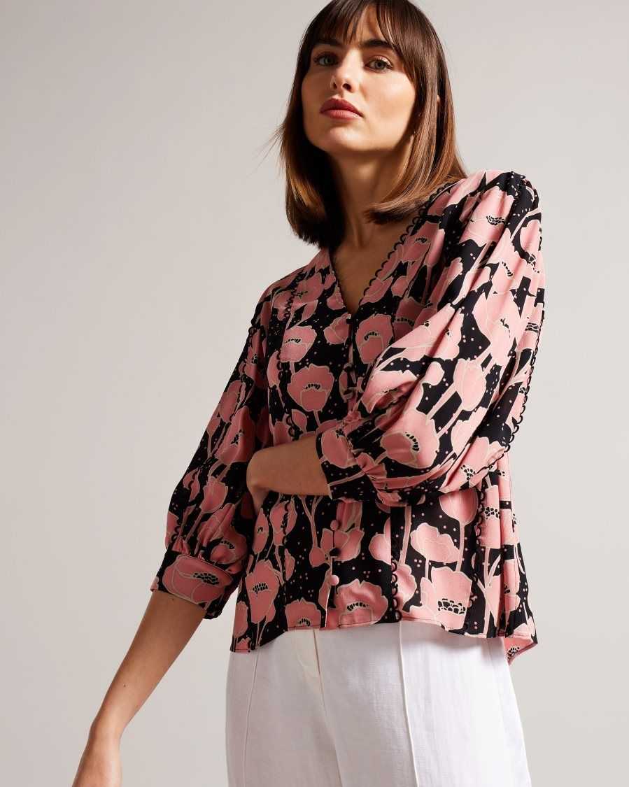 Ted Baker Stephii V Neck Poppy Print Blouse Black | 1376452-VW