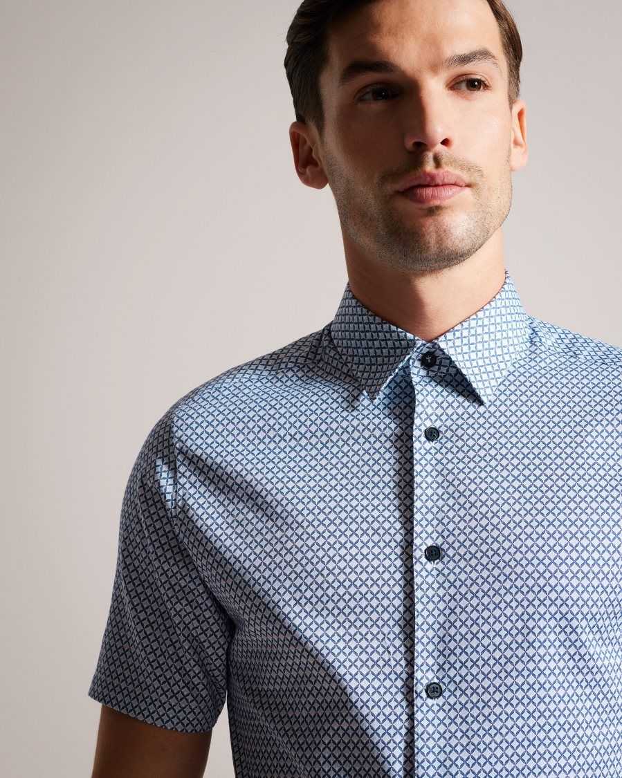 Ted Baker Strisho Short Sleeve Geometric Print Shirt Dark Blue | 3869017-KX