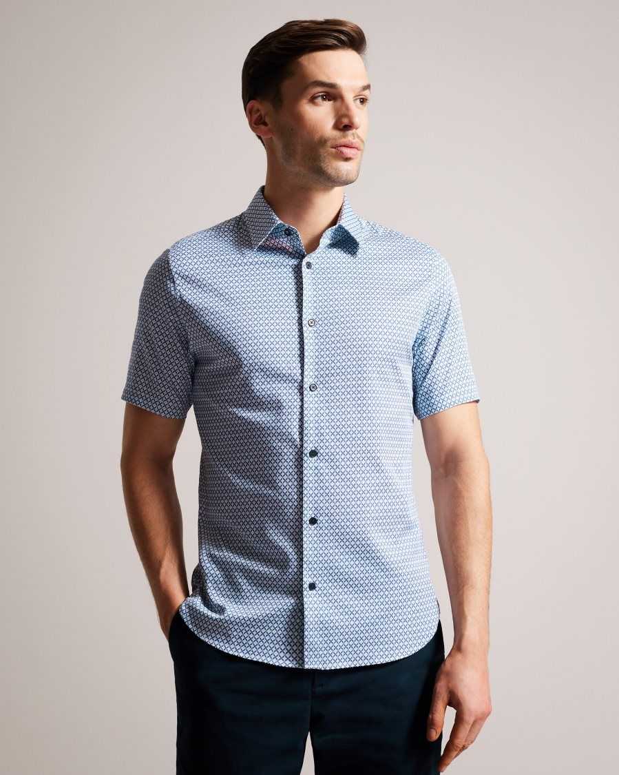 Ted Baker Strisho Short Sleeve Geometric Print Shirt Dark Blue | 3869017-KX