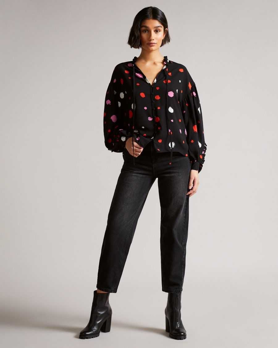 Ted Baker Sunrai Spot Print Frilled Blouse Black | 3841290-LO