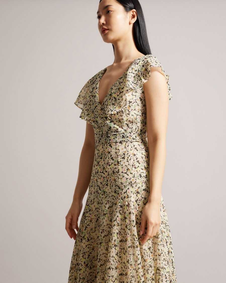 Ted Baker Taliar Floral Midi Tea Dress With Ruffles Nude-Pink | 8149753-HP