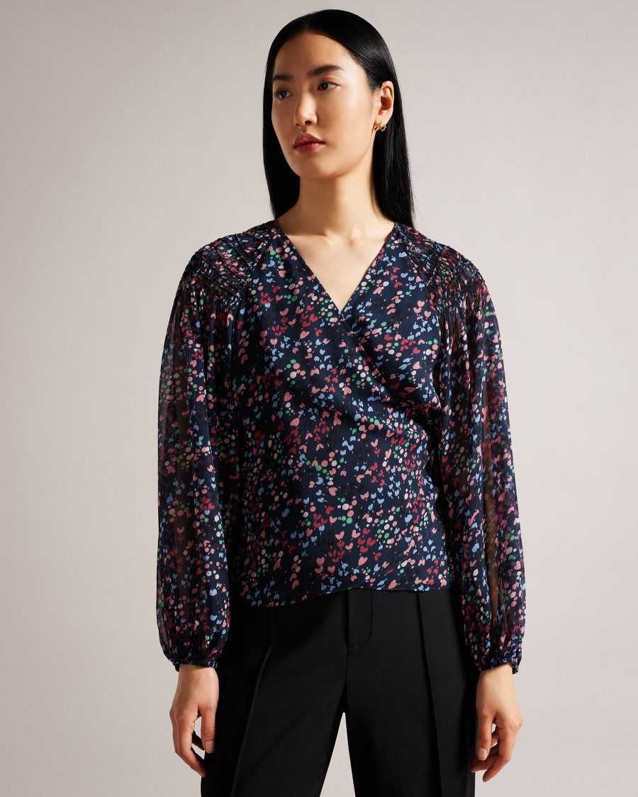 Ted Baker Tariaa Smocked Wrap Top With Blouson Sleeve Dark Navy | 4251397-IG