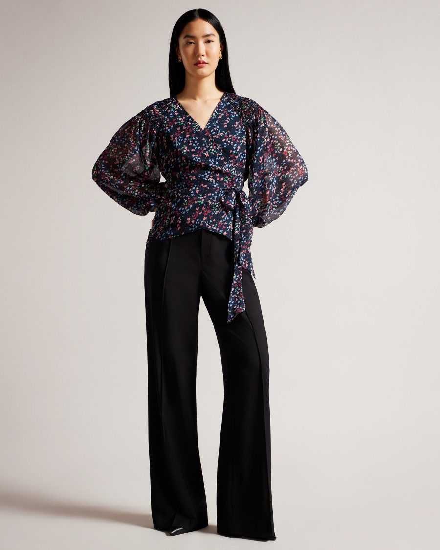 Ted Baker Tariaa Smocked Wrap Top With Blouson Sleeve Dark Navy | 4251397-IG