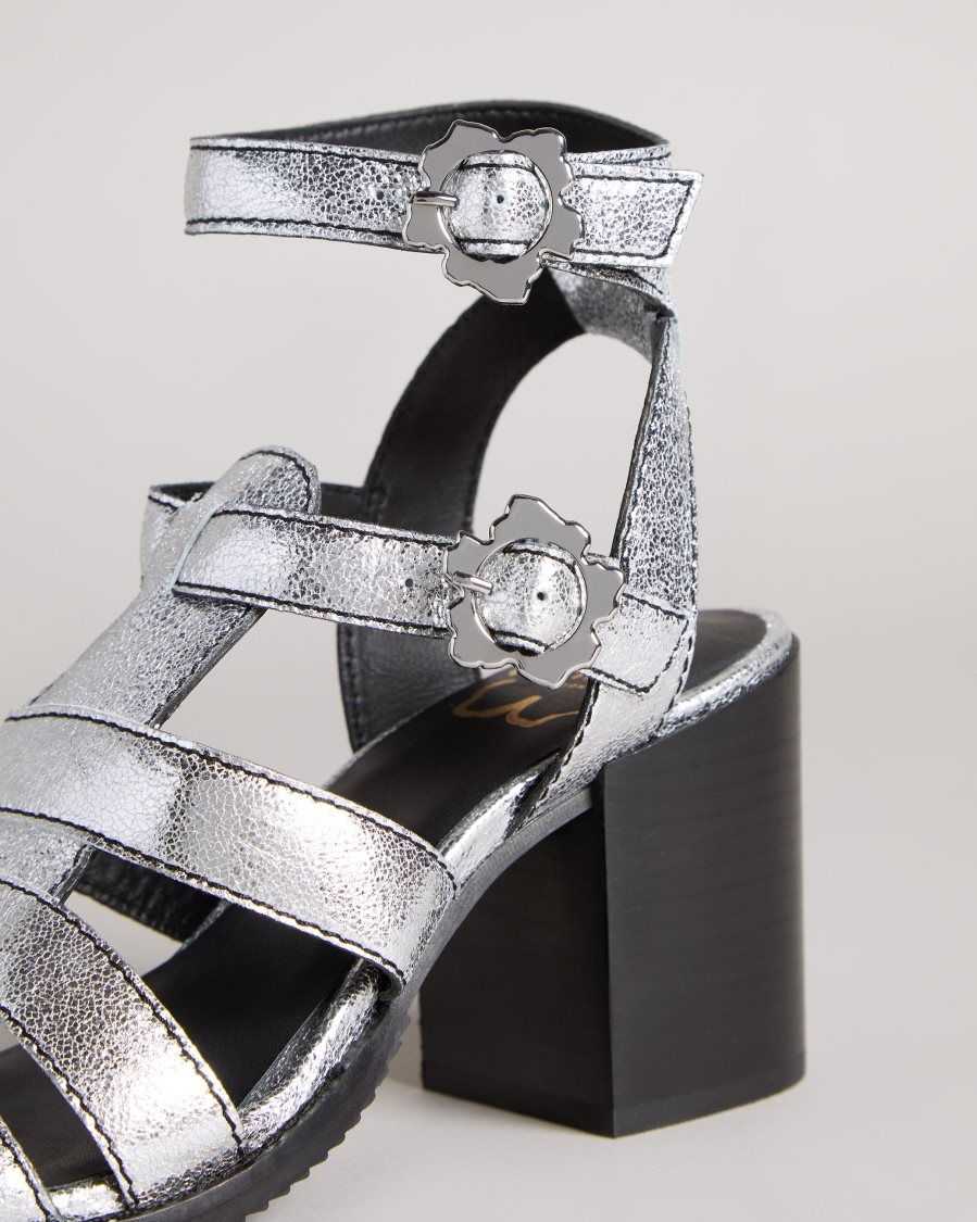 Ted Baker Taylay Strappy Block Heeled Crinkled Leather Sandals Silver | 1854397-VT