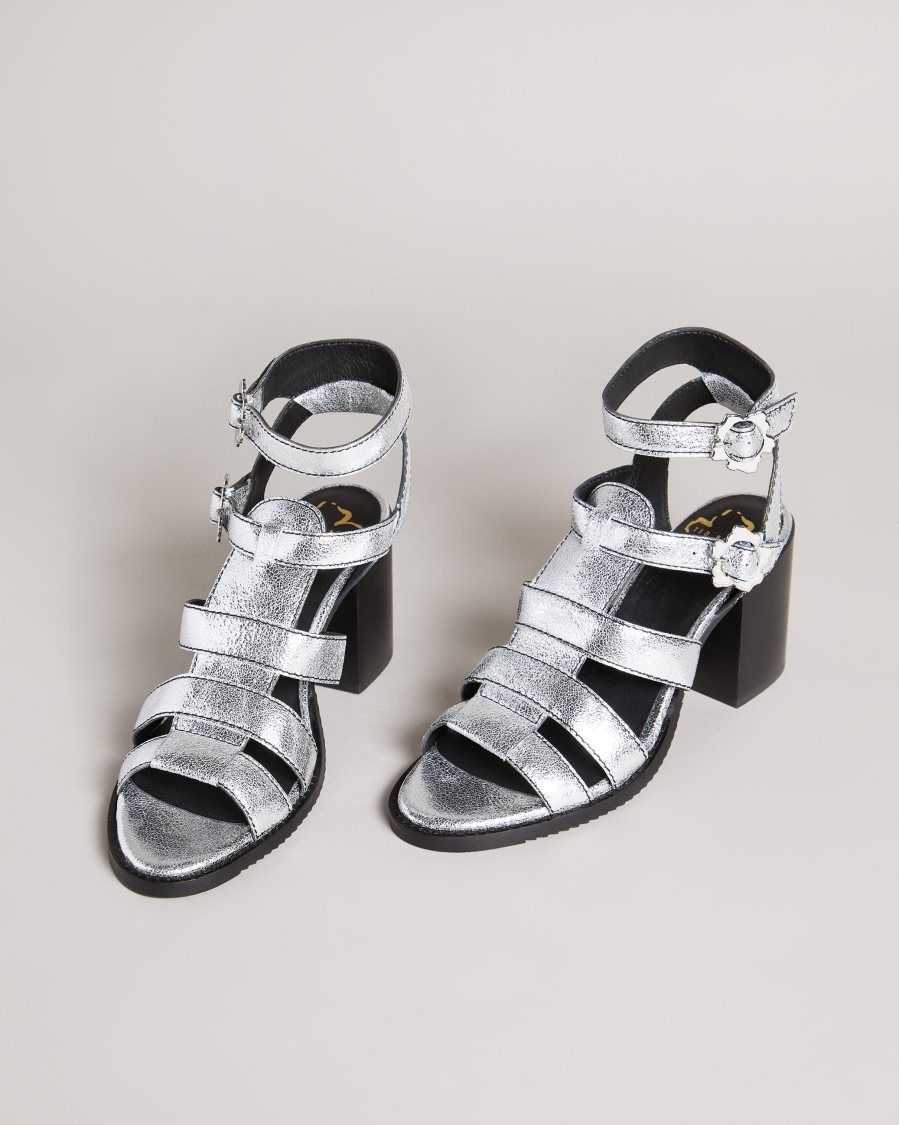 Ted Baker Taylay Strappy Block Heeled Crinkled Leather Sandals Silver | 1854397-VT