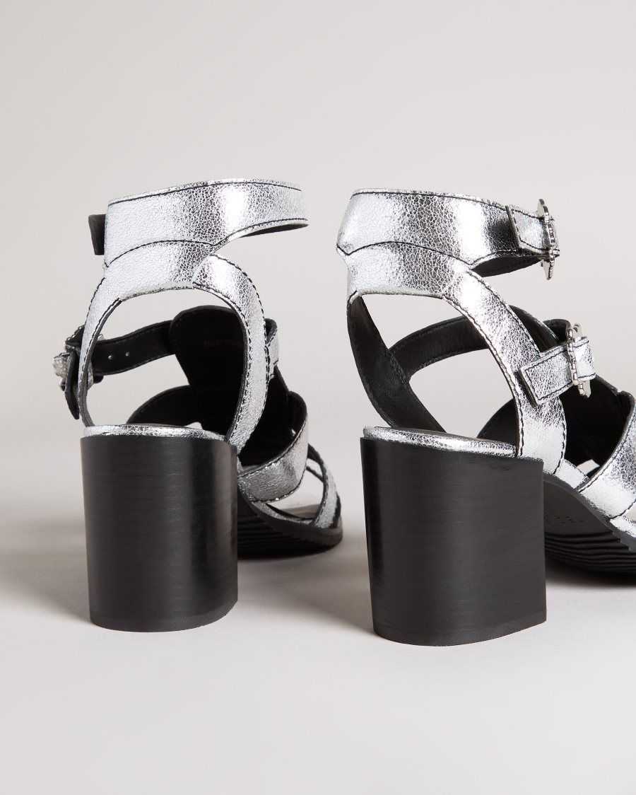 Ted Baker Taylay Strappy Block Heeled Crinkled Leather Sandals Silver | 1854397-VT