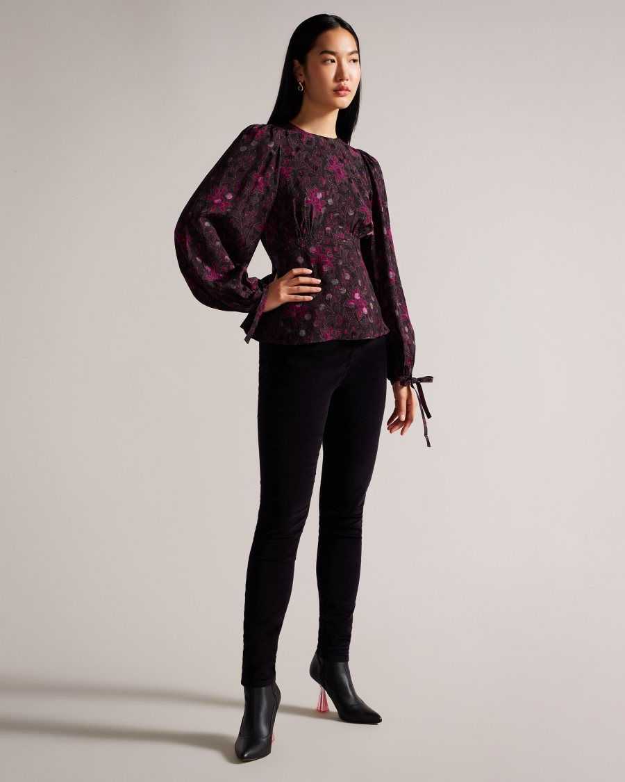 Ted Baker Terre Printed Peplum Top With Cuffed Sleeves Black | 6780594-HK