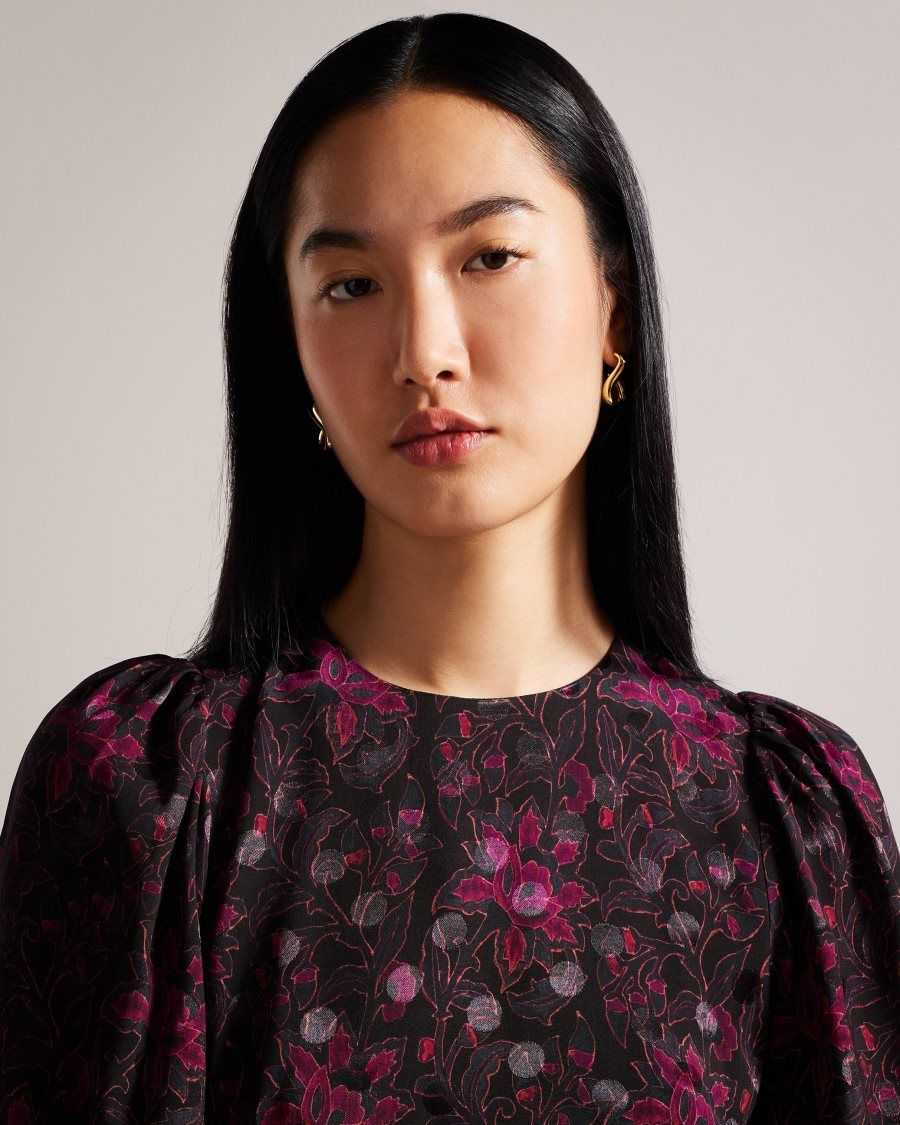 Ted Baker Terre Printed Peplum Top With Cuffed Sleeves Black | 6780594-HK