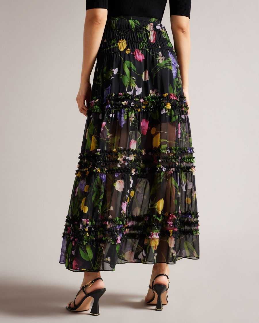 Ted Baker Thieaa Micro Ruffle Tiered Midaxi Skirt Black | 5942781-UX