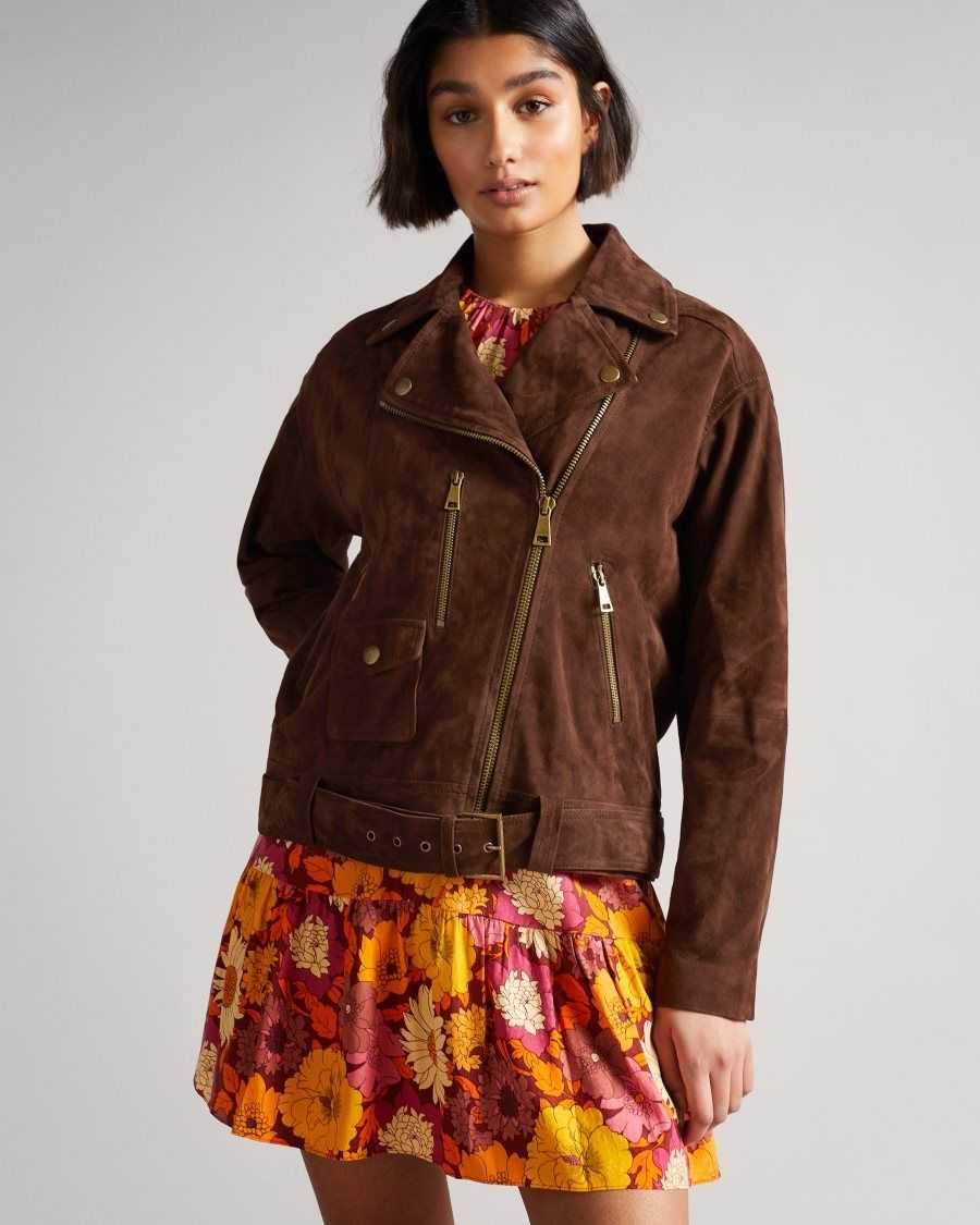 Ted Baker Tiffniy Suede Oversized Biker Jacket Dark Brown | 8025943-GV