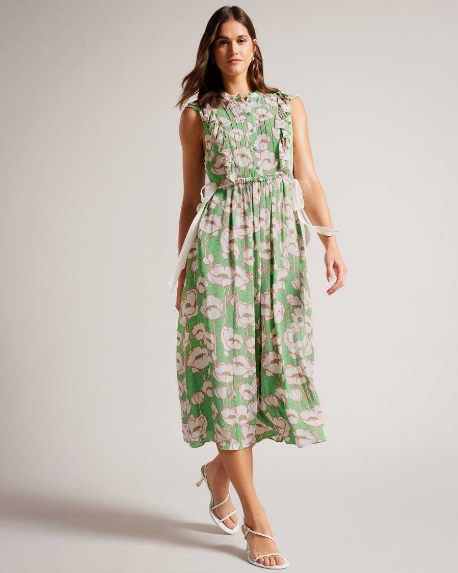 Ted Baker Tindraa Sleeveless Frilled Midi Dress Green | 5193472-BD