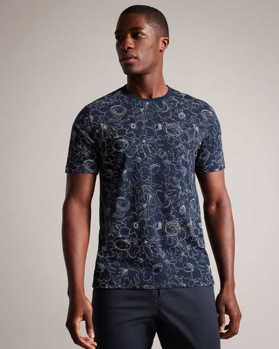 Ted Baker Tospin Short Sleeve Sketchy Floral Print T-Shirt Navy | 8139045-BF