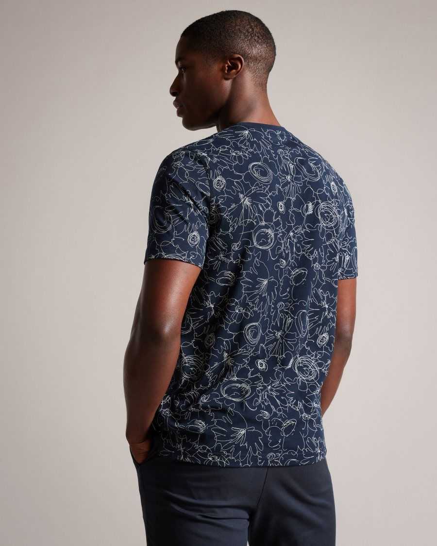 Ted Baker Tospin Short Sleeve Sketchy Floral Print T-Shirt Navy | 8139045-BF