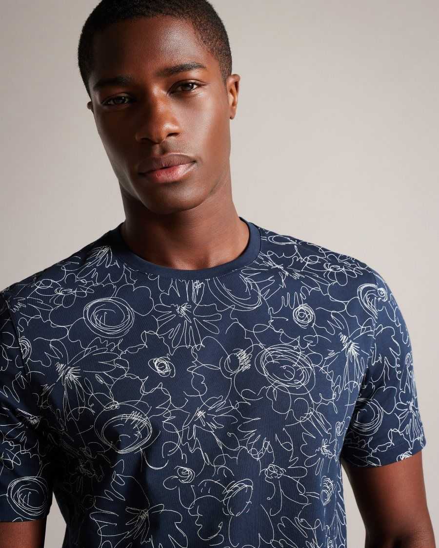 Ted Baker Tospin Short Sleeve Sketchy Floral Print T-Shirt Navy | 8139045-BF