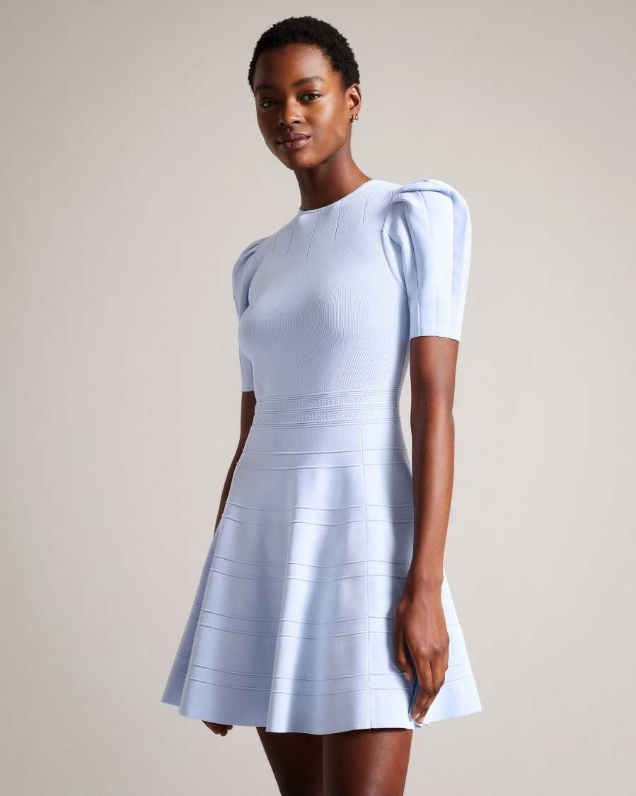 Ted Baker Velvey Puff Sleeve Dress With Engineered Skirt Baby Blue | 6923815-OK