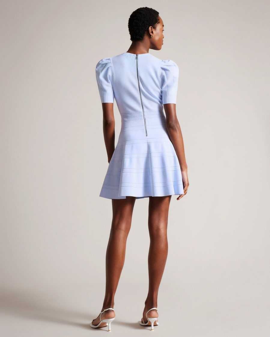 Ted Baker Velvey Puff Sleeve Dress With Engineered Skirt Baby Blue | 6923815-OK