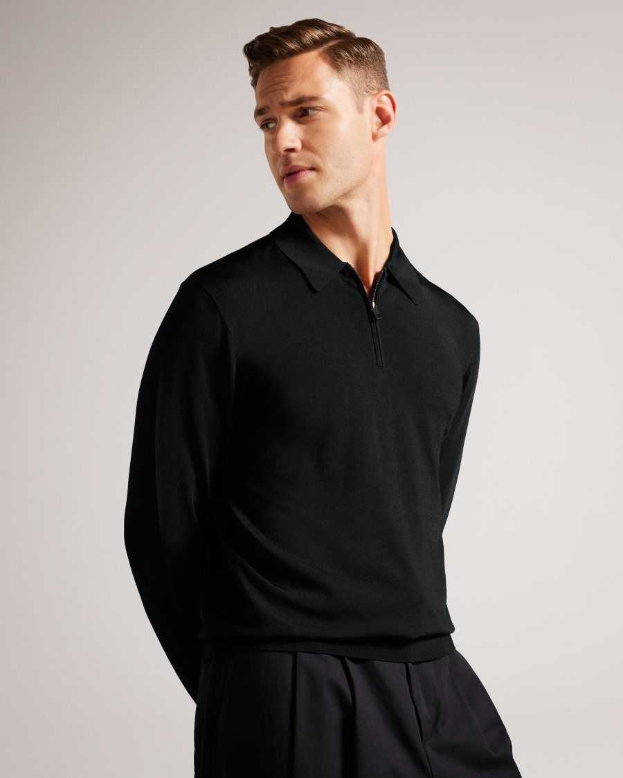 Ted Baker Viba Long Sleeve Regular Half Zip Rayon Polo Black | 3079185-MJ