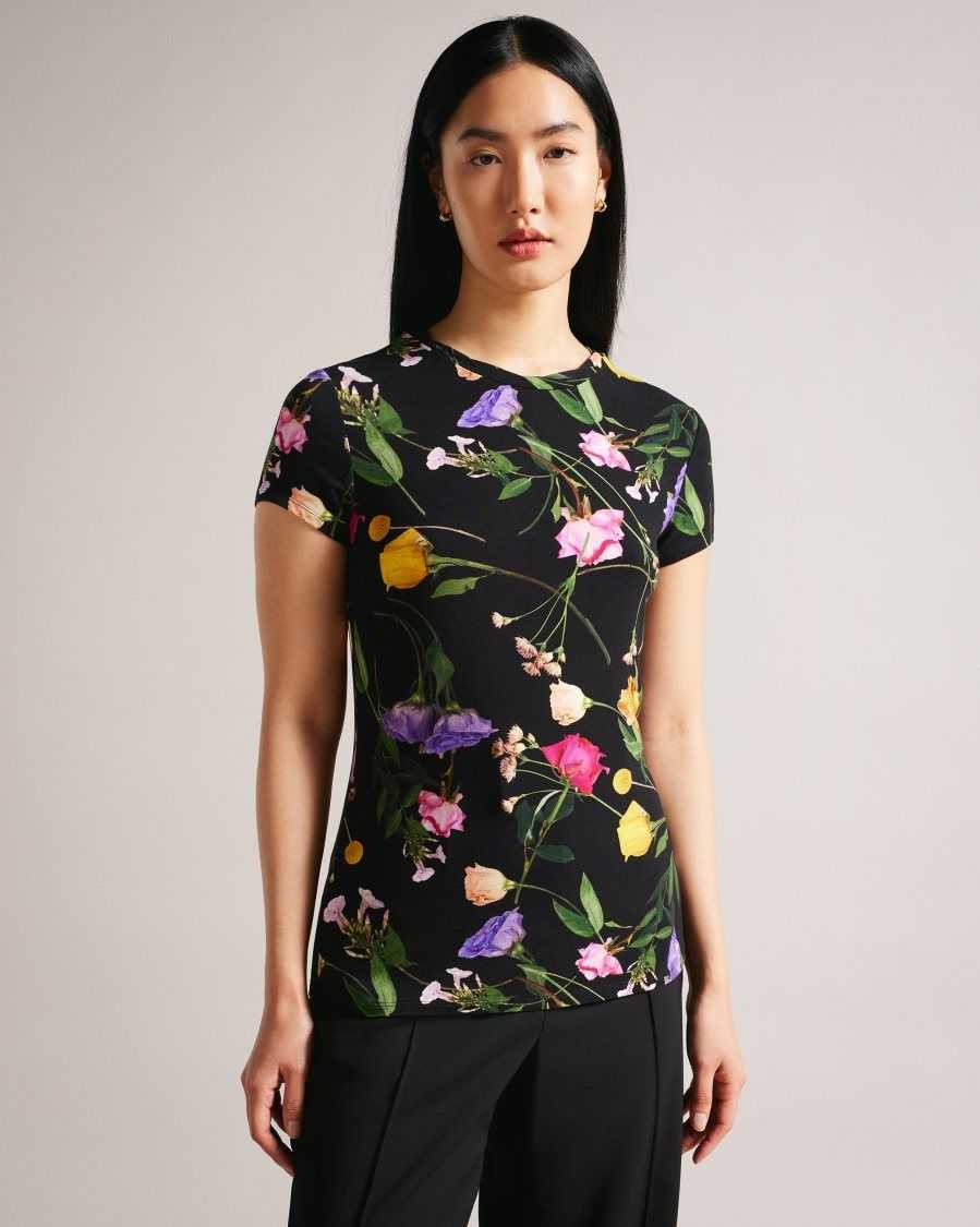 Ted Baker Vikina Fitted T-Shirt with Twist Neck Black | 5231847-UJ