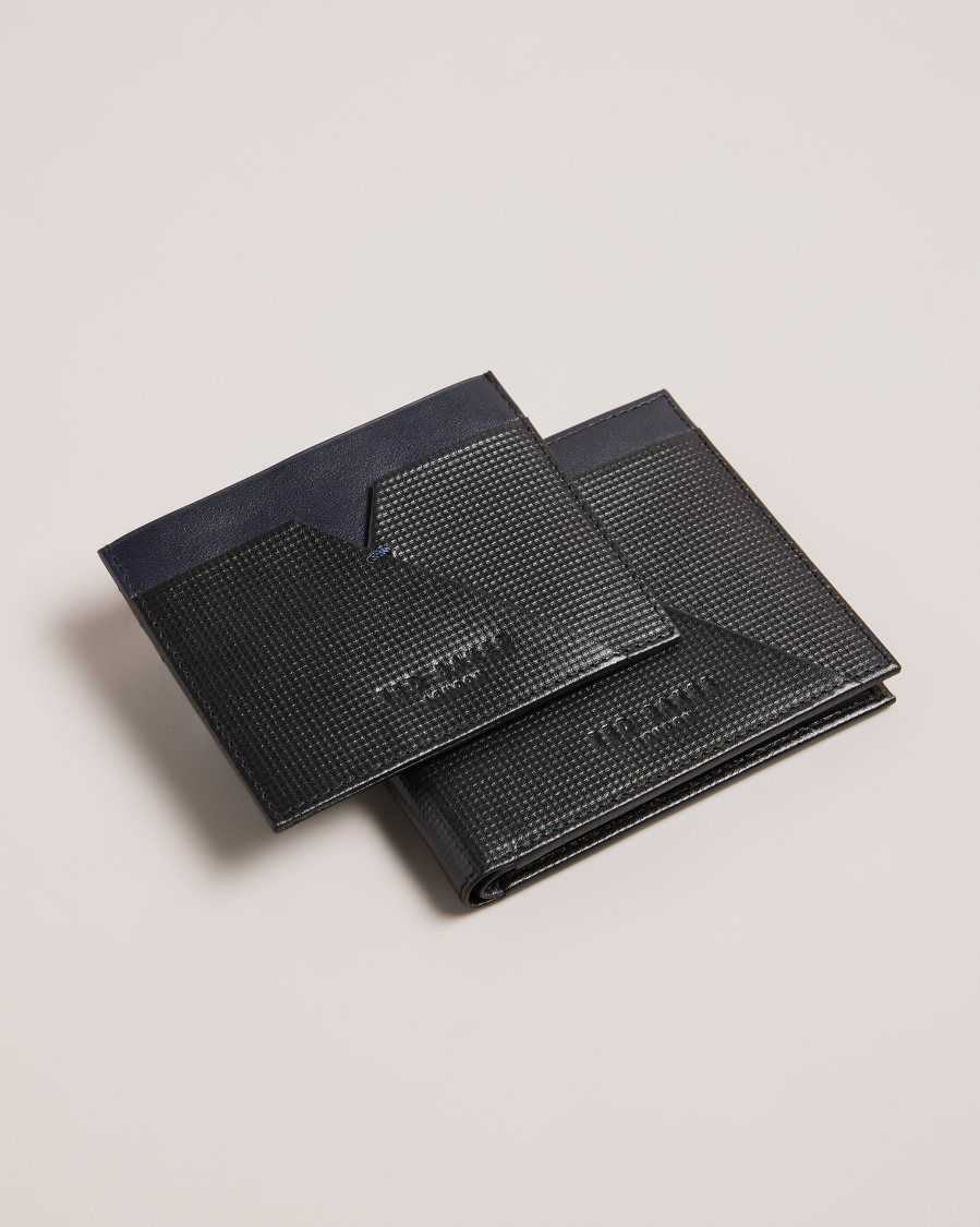 Ted Baker Viktree Textured Leather Wallet And Cardholder Set Black | 7541296-AV