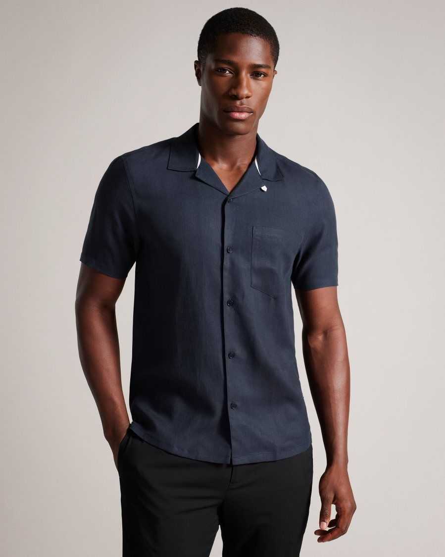 Ted Baker Wesland Short Sleeve Tencel Linen Revera Collar Shirt Navy | 1356092-VN