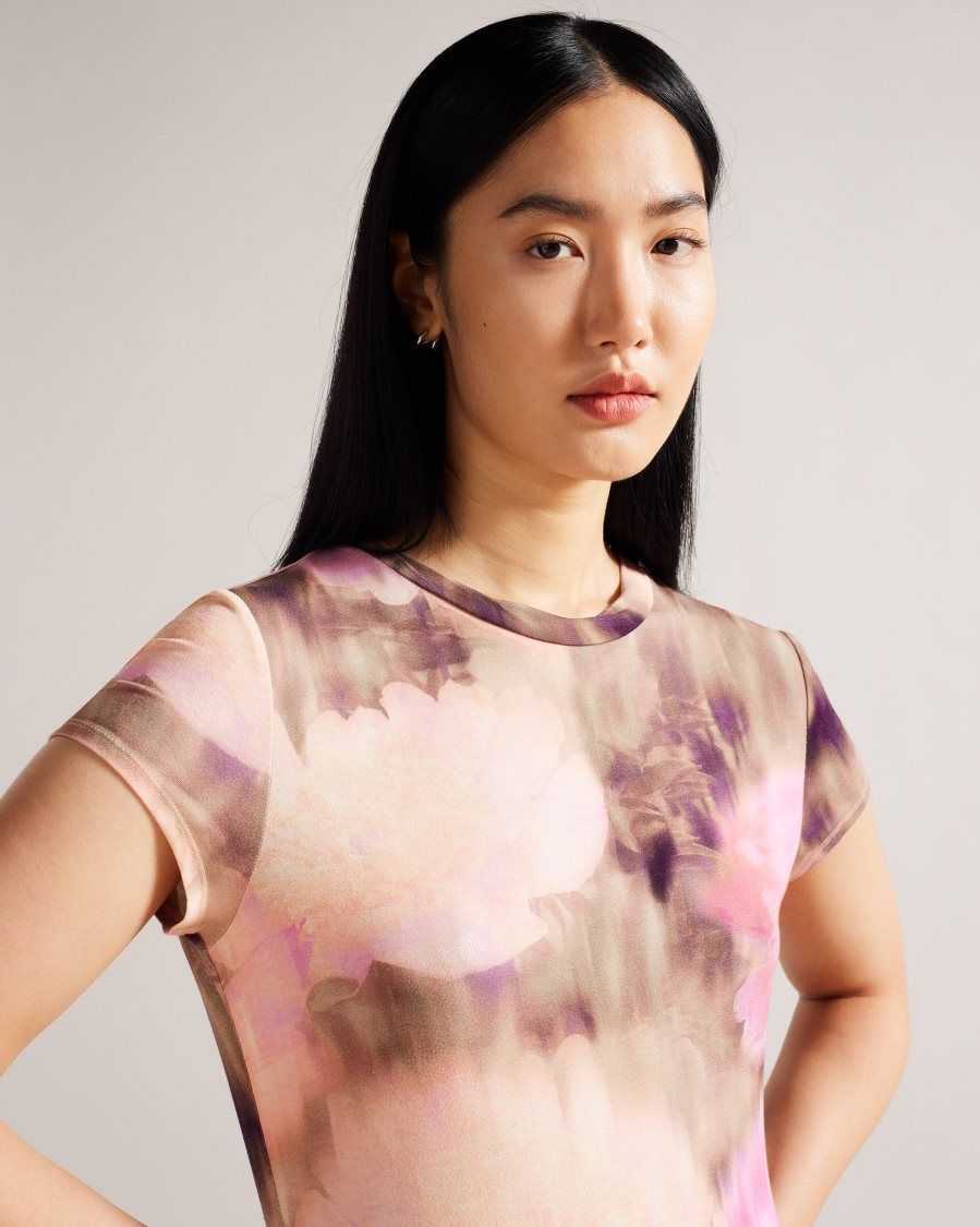 Ted Baker Yazmean Fitted Floral T-Shirt With Twisted Neck Coral | 9238647-GJ