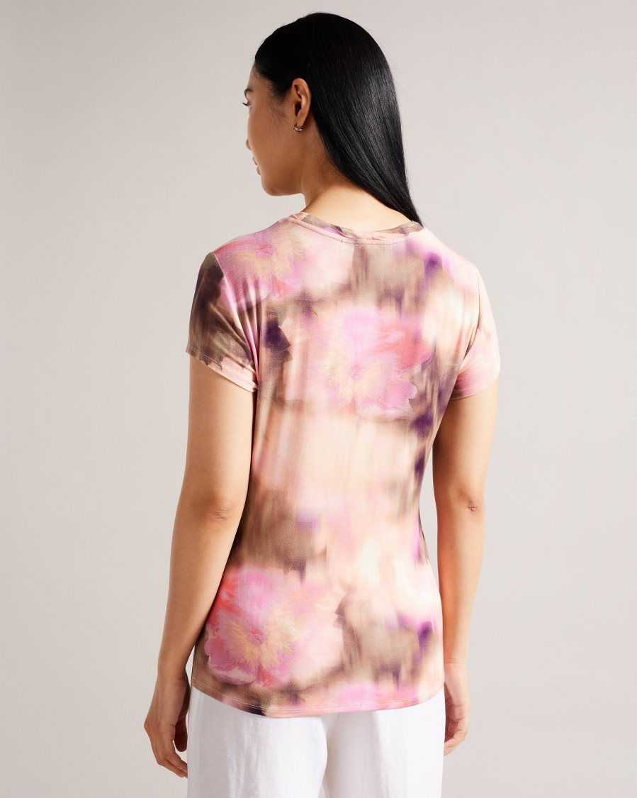 Ted Baker Yazmean Fitted Floral T-Shirt With Twisted Neck Coral | 9238647-GJ