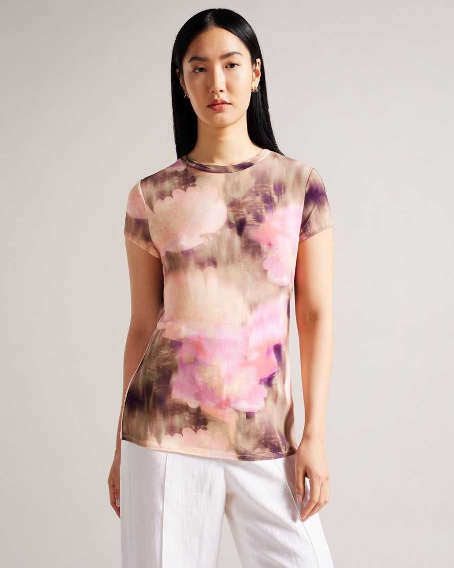 Ted Baker Yazmean Fitted Floral T-Shirt With Twisted Neck Coral | 9238647-GJ