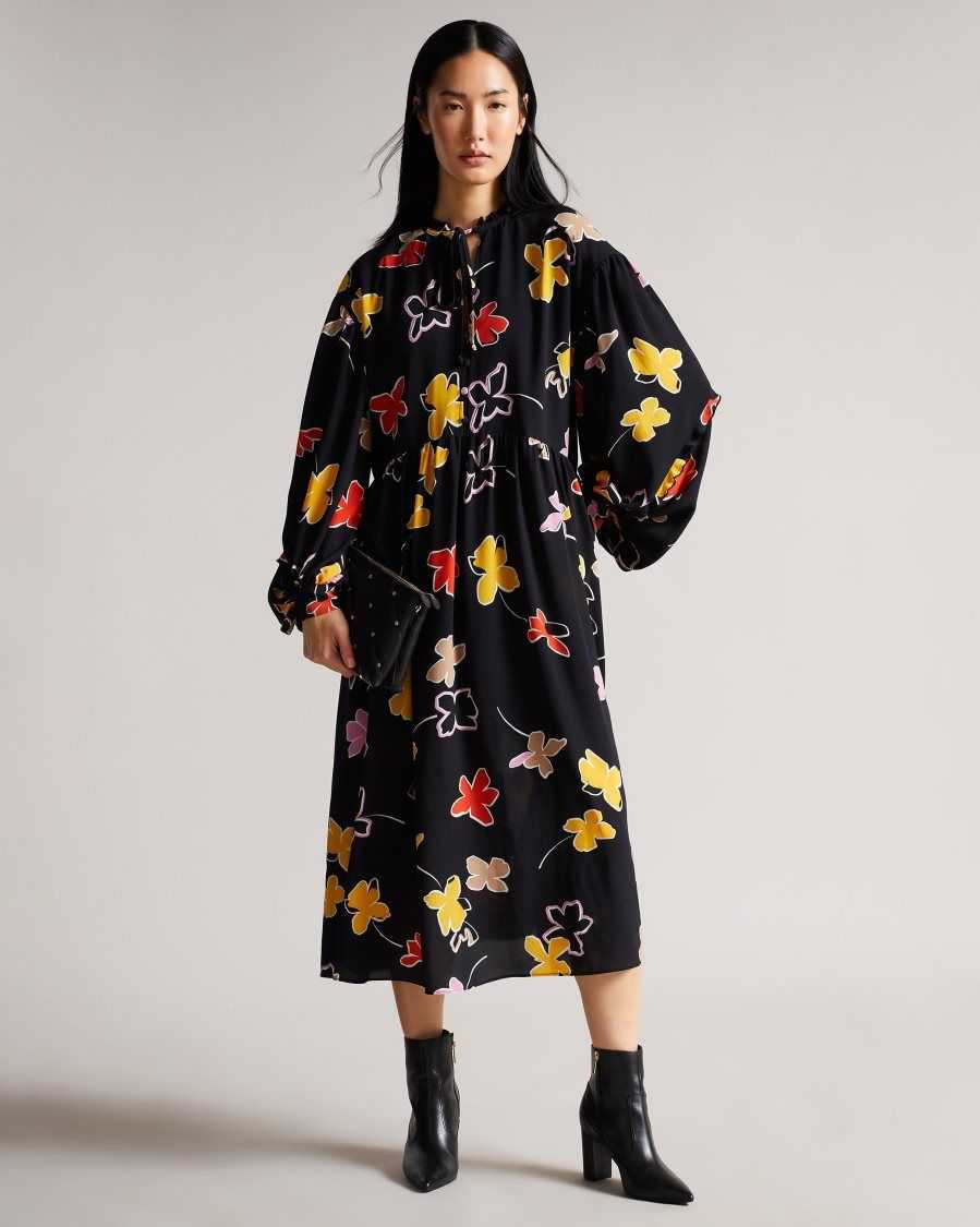 Ted Baker Yviee New World Oversized Midi Dress With Ruffles Black | 8405923-OF