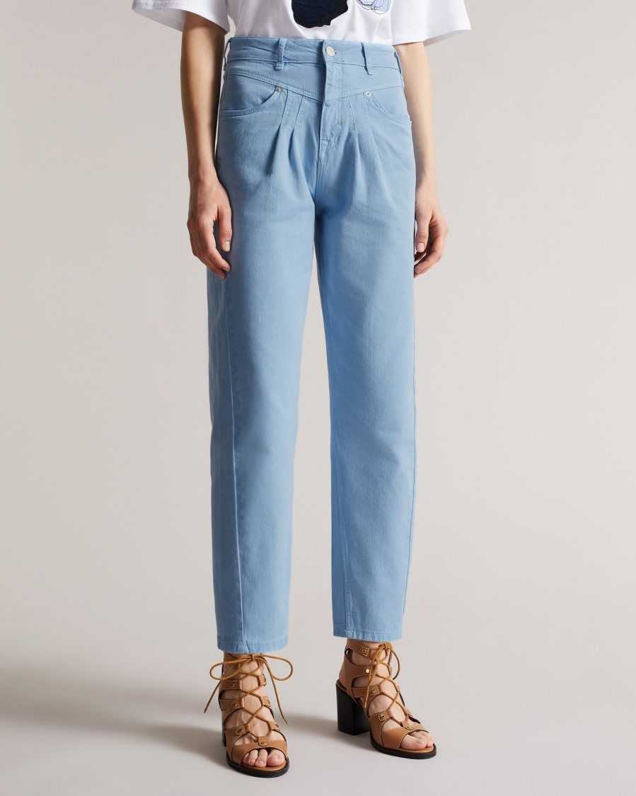 Ted Baker Zandin Barrel Leg Jeans With Front Yoke and Pleat Detail Light Wash | 2630491-LC