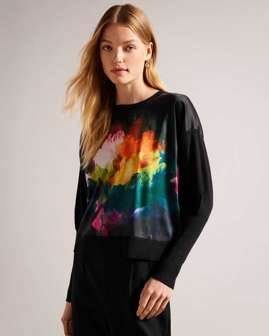 Ted Baker Zarha Art Print Jumper With Sleeve Detail Black | 0258413-VD