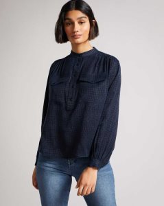 Ted Baker Agnez Grandad Collar Cupro Blouse Dark Blue | 1350862-UB