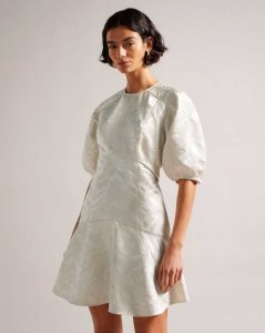 Ted Baker Alannah Puff Sleeve Jacquard Mini Dress Natural | 9260457-FX