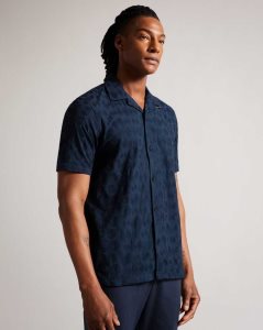 Ted Baker Allbury Short Sleeve Circle Embroidery Shirt Navy | 4185367-VC